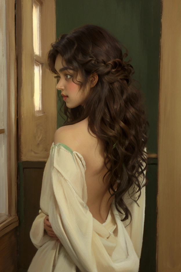 a painting of a light brown-skinned girl, green eyes and curly brown hair naked you can only see her back and her hair