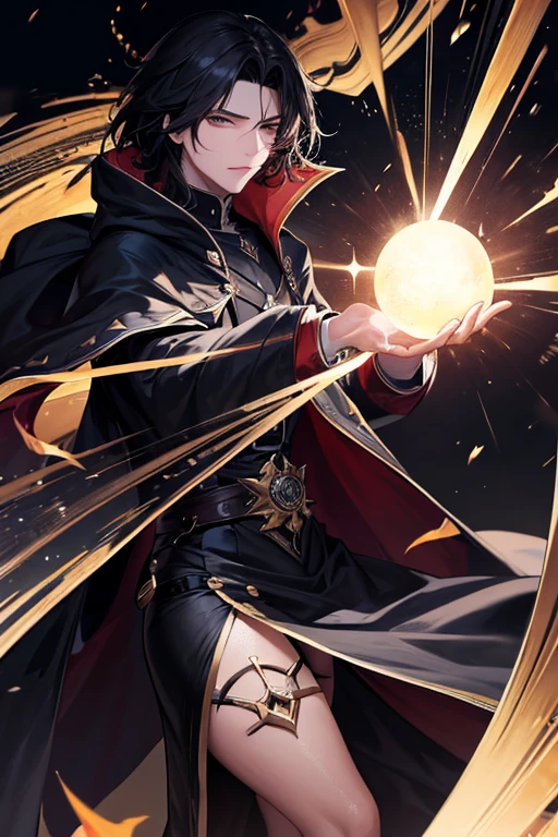 A masculine man in several manga panels with different easy reactions, serious and concentrated, defined features, attractive, young adult dressed as a god of death, with a black background, comic-like digital appearance and drawings, with long black hair . Comic. The anime comic character should be in profile, holding a ball of light that looks like an ancient diamond, wearing a hooded cloak.