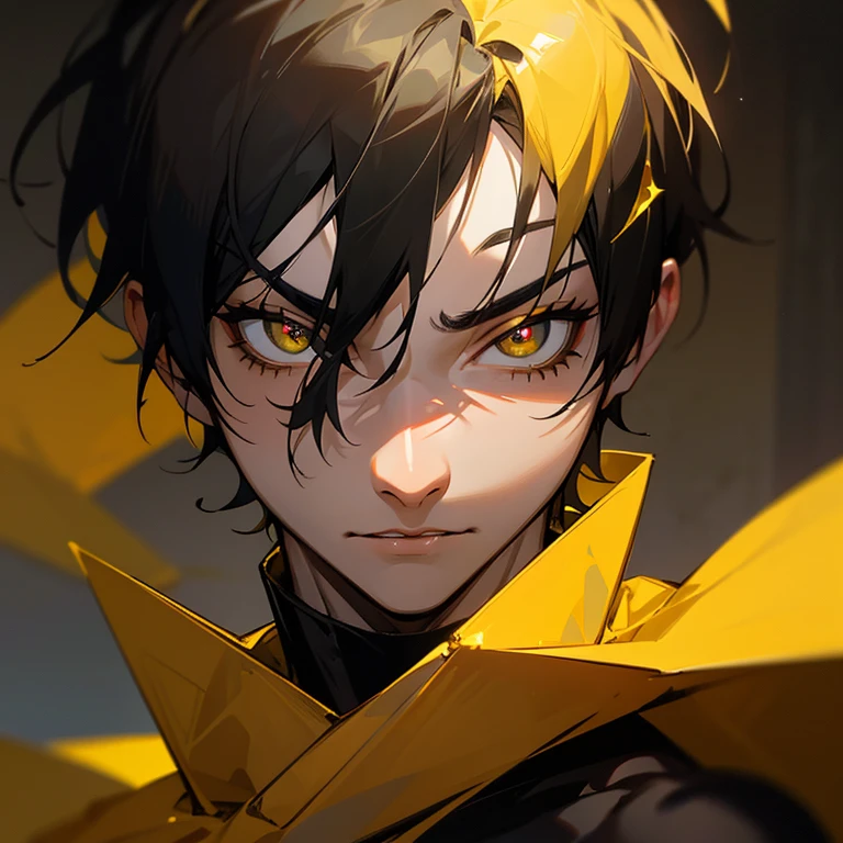 Chico, scars on his mouth and right eye shirtless with scars all over his body black eyes with yellow diamond shaped pupils