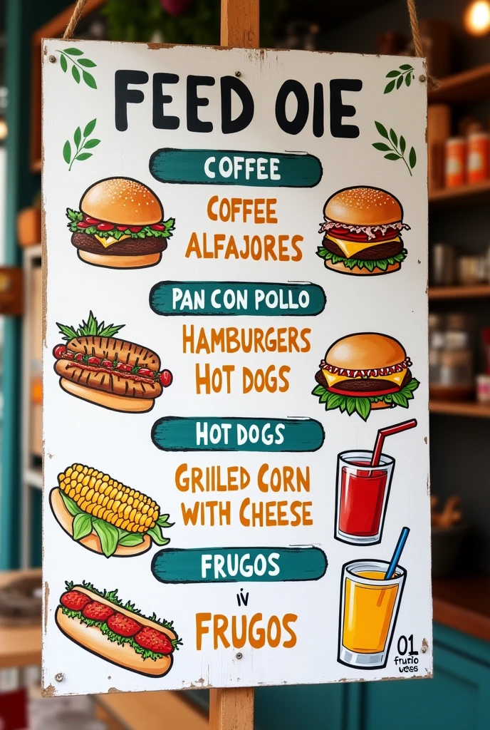 A nice sign made on white cardboard where the food that is going to be sold is like coffee, alfajor,pan con pollo y hamburguesa , panchos , choclo con quesos y frugos