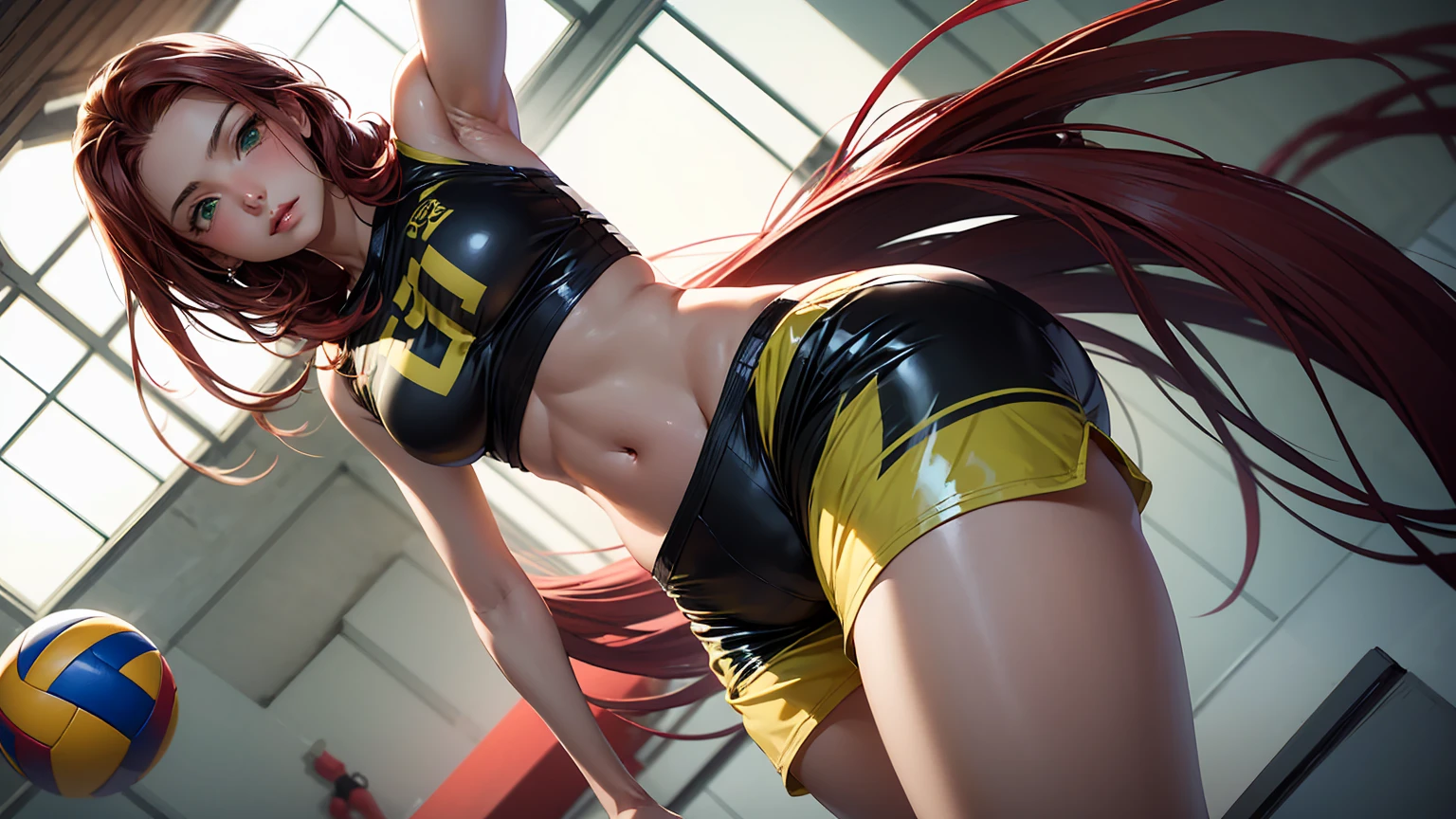 Create quality, detailed image of a beautiful anime girl with long, red-haired girl, green eyes, wears a yellow latex top, wearing blue latex shorts, sexy girl, sexy Pose, perfect body, Slender waist, wide hips, she is on a volleyball court,. The overall atmosphere is calm and intimate., with bright colors and natural light, creating a photorealistic effect.