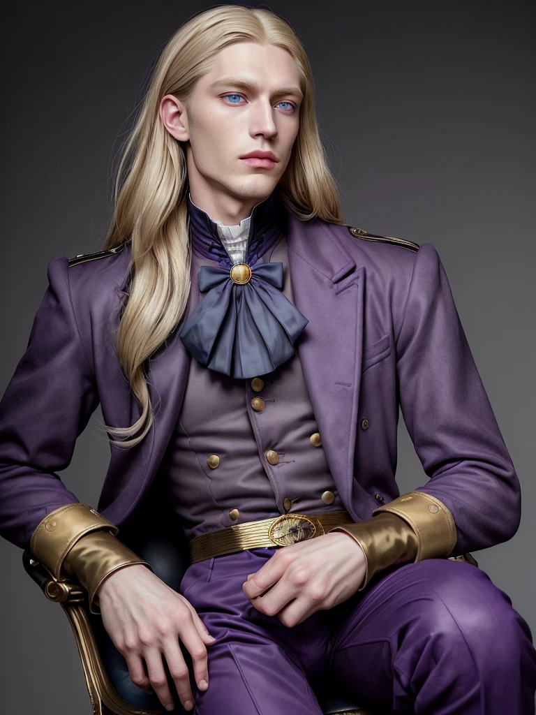 Pale and tall man, Appears to be 30-3. It's been a long time (to the waist) With light blond hair with a golden tint, Thin gray-blue eyes with dark purple eyeshadow and noticeably high cheekbones. His clothes are in Victorian style, old, Long dark burgundy jacket with lavender lining and gold pins on the folded cuffs. Under his jacket he has a purple vest over a white ruffled shirt, Wearing classic purple trousers, In dark blue knee-high boots and gloves of the same color.
