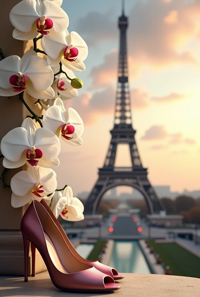 Create an image with the Eiffel Tower with white orchid flowers in front and with stiletto heels in the corner 