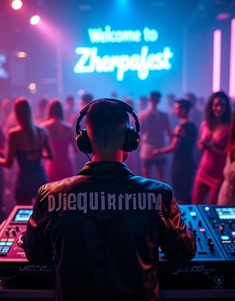 Hyperrealistic photography with a very wide view of the event, where you see a DJ watching the party from his console with his headphones on , The DJ is wearing a "black leather jacket that on the back literally says "DJ EQUILIBRIUM") and beautiful and well-dressed people at the techno party, (It has a blue neon sign that says "WELCOME TO ZHERPAFEST"), Some have their drinks in their hands, They are dancing