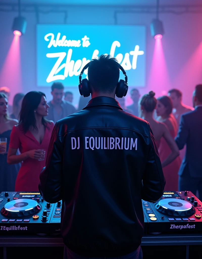 Hyperrealistic photography with a very wide view of the event, where you see a DJ watching the party from his console with his headphones on , The DJ is wearing a "black leather jacket that on the back literally says "DJ EQUILIBRIUM") and beautiful and well-dressed people at the techno party, (It has a blue neon sign that says "WELCOME TO ZHERPAFEST"), Some have their drinks in their hands, They are dancing