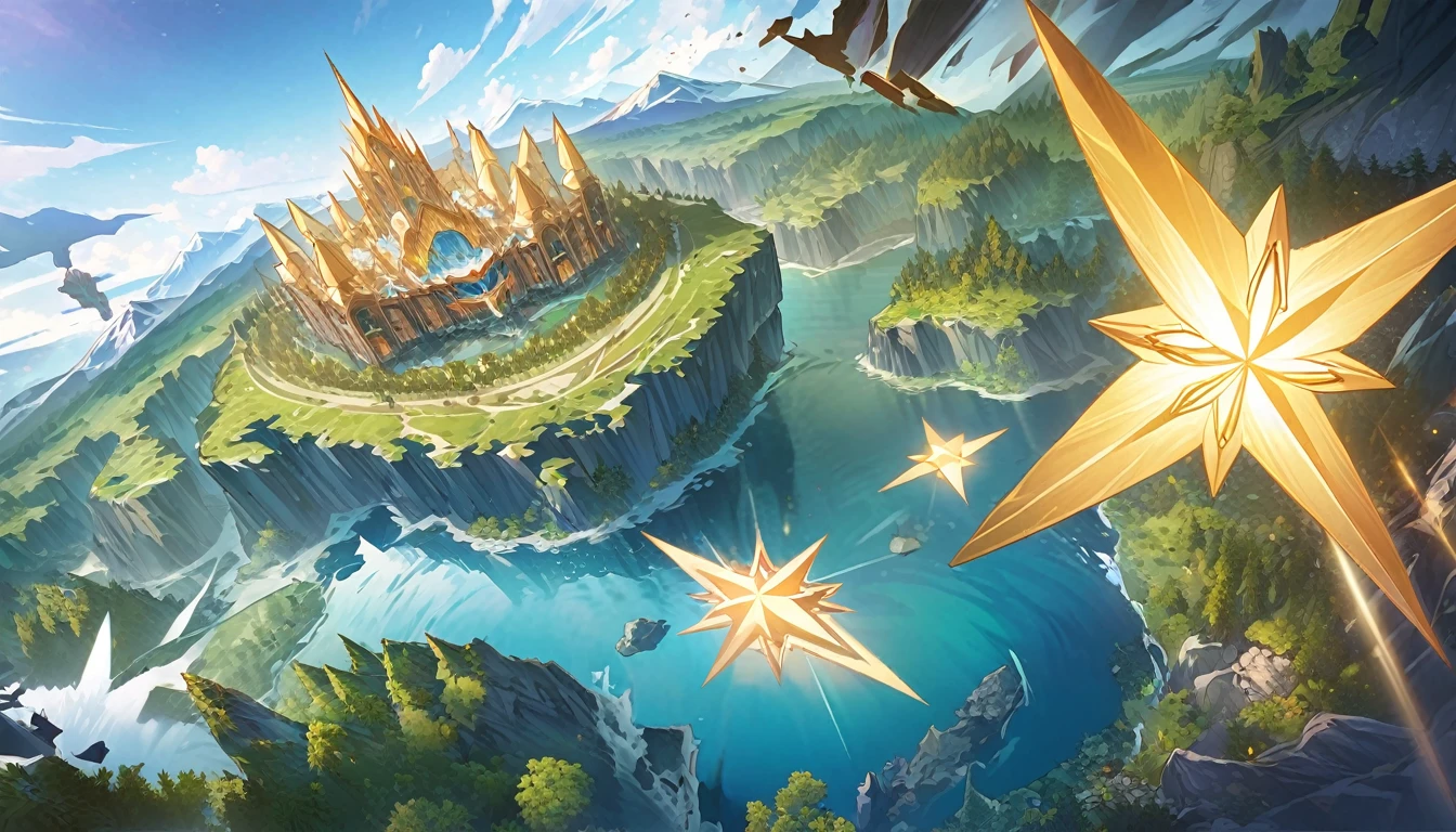Animagine XL, anime, genshin, detailed illustration, dynamic angle, ultra-detailed, illustration, beautiful illustration, elegant illustration, great landscape, blue sky, giant golden shining star, marble castle, walls, sweeping plains, volcano, mountains, snowy mountains, dark swamp, green verdant forest, cliffs, ocean, armies, princess,