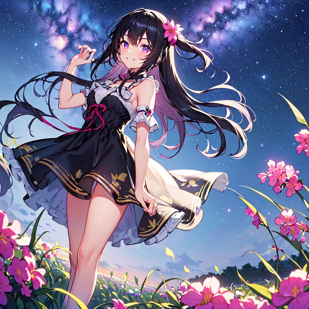 masterpiece, best quality, high quality, extremely detailed, very delicate and beautiful, (1female 18years old Adult alone solo:1.5) , (two-side up long black hair:1.5), bangs to eyebrows, eyes (eyes sharp, strong, glossy, glossy eyebrows), (eye color magenta:1.3), 6.5 head height, (summer dress with canna print:1.3), knee socks,ruffles, (smiling), (walking:1.3), (dynamic pose), (background canna flower field:1.3) , (Milky Way Night Sky:1.3)