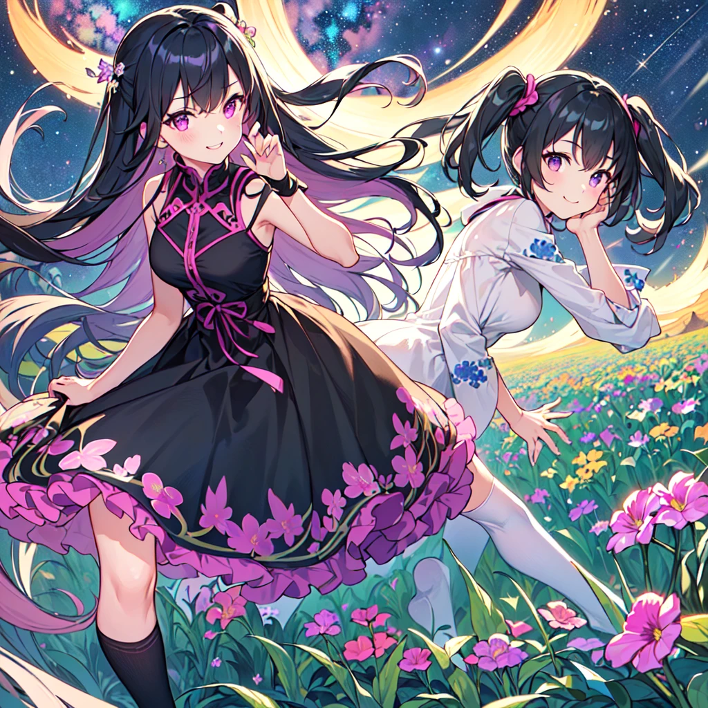 masterpiece, best quality, high quality, extremely detailed, very delicate and beautiful, (1female 18years old Adult alone solo:1.5) , (two-side up long black hair:1.5), bangs to eyebrows, eyes (eyes sharp, strong, glossy, glossy eyebrows), (eye color magenta:1.3), 6.5 head height, (summer dress with canna print:1.3), knee socks,ruffles, (smiling), (walking:1.3), (dynamic pose), (background canna flower field:1.3) , (Milky Way Night Sky:1.3)