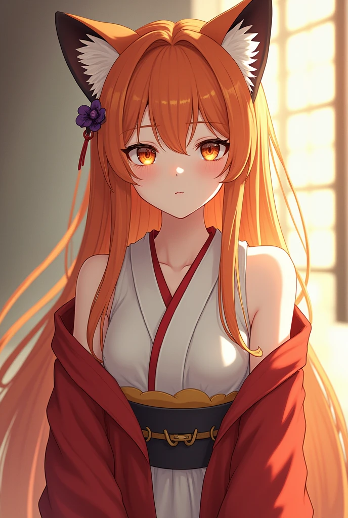 ((small breast)), best quality, masterpiece, detailed, Kitsune neko, 1girl, closed mouth, light smile, orange hair, yellow eyes, medium hair, fox ears, fox tail, Senko Miko, miko, (NAKED:1.3), (NSFW:1.3), standing, looking at viewer, unity 8k wallpaper, (illustration:0.8), (beautiful detailed eyes:1.6), extremely detailed face, perfect lighting, extremely detailed CG, (perfect hands, perfect anatomy), Her beautiful face, drawn with incredible precision and realism, is surprisingly detailed. Every line, every crease on the skin is like a work of art. Sparkling eyes, with a fine drawing of each eyelash, look directly at you, radiating warmth and boundless tenderness, Senko is the true embodiment of grace and beauty, and every stroke on this cardboard canvas speaks of her charm. Her slender figure and graceful body lines are mesmerizing. Perfect hands, thin fingers, delicate skin - all this is a work of art.