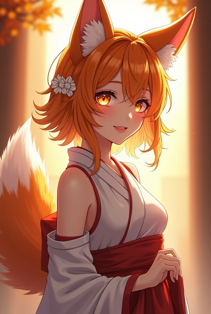 ((small breast)), best quality, masterpiece, detailed, Kitsune neko, 1girl, closed mouth, light smile, orange hair, yellow eyes, medium hair, fox ears, fox tail, Senko Miko, miko, (NAKED:1.3), (NSFW:1.3), standing, looking at viewer, unity 8k wallpaper, (illustration:0.8), (beautiful detailed eyes:1.6), extremely detailed face, perfect lighting, extremely detailed CG, (perfect hands, perfect anatomy), Her beautiful face, drawn with incredible precision and realism, is surprisingly detailed. Every line, every crease on the skin is like a work of art. Sparkling eyes, with a fine drawing of each eyelash, look directly at you, radiating warmth and boundless tenderness, Senko is the true embodiment of grace and beauty, and every stroke on this cardboard canvas speaks of her charm. Her slender figure and graceful body lines are mesmerizing. Perfect hands, thin fingers, delicate skin - all this is a work of art.