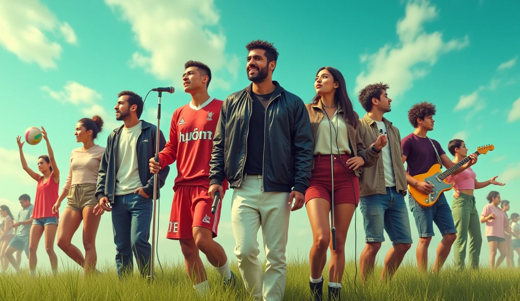 Create a realistic collage-type image with people with Latin features, in which footballers are shown, Volleyball player, GUITAR PLAYER, Woman and man singing dressed in black jackets and microphones, surrounded by dancers dressed in modern clothing. In the background a turquoise sky and grass with blurred clouds.