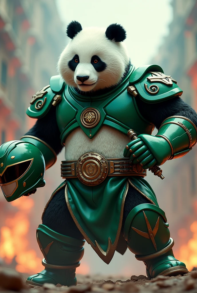 A Giant Panda dressed as a Green Power Ranger holding the Power Ranger Helmet and Dragon Dagger