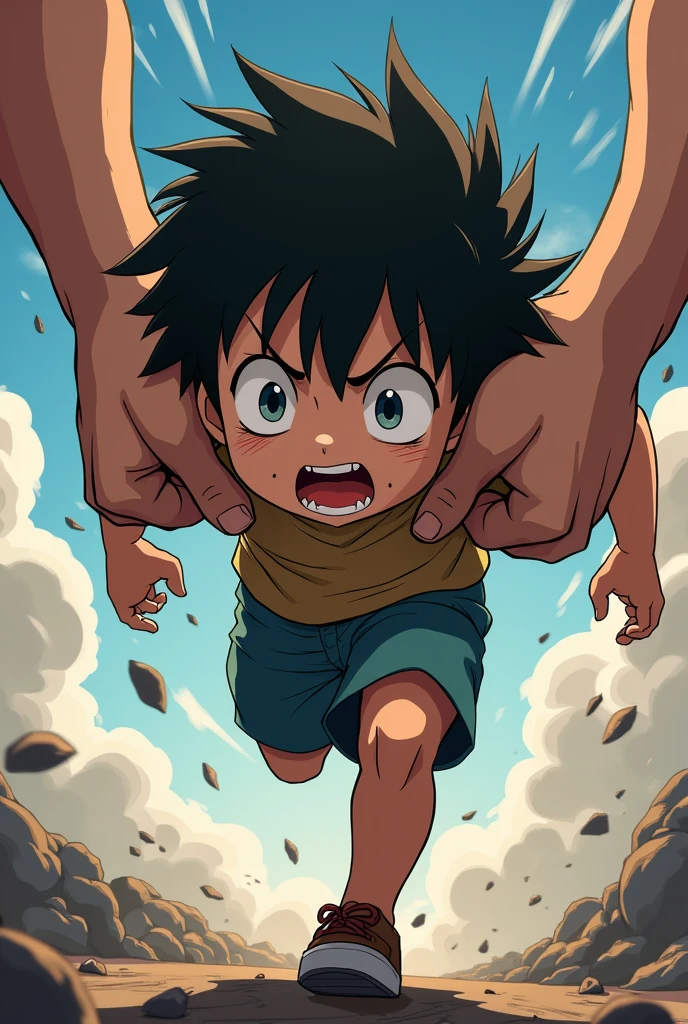 a boy running at full speed, with a panicked expression on his face. his eyes are wide open, full of fear, and his mouth is slightly open as if he is screaming or gasping. His posture reflects desperation, with arms extended forward, looking to escape. However, Two powerful hands stop him from behind. These hands, firm and determined, They cling to his mouth and arm, immobilizing him.. The scene captures the exact moment when it is completely stopped., highlighting the tension between the boy's urgency to escape and the force holding him back. anime style