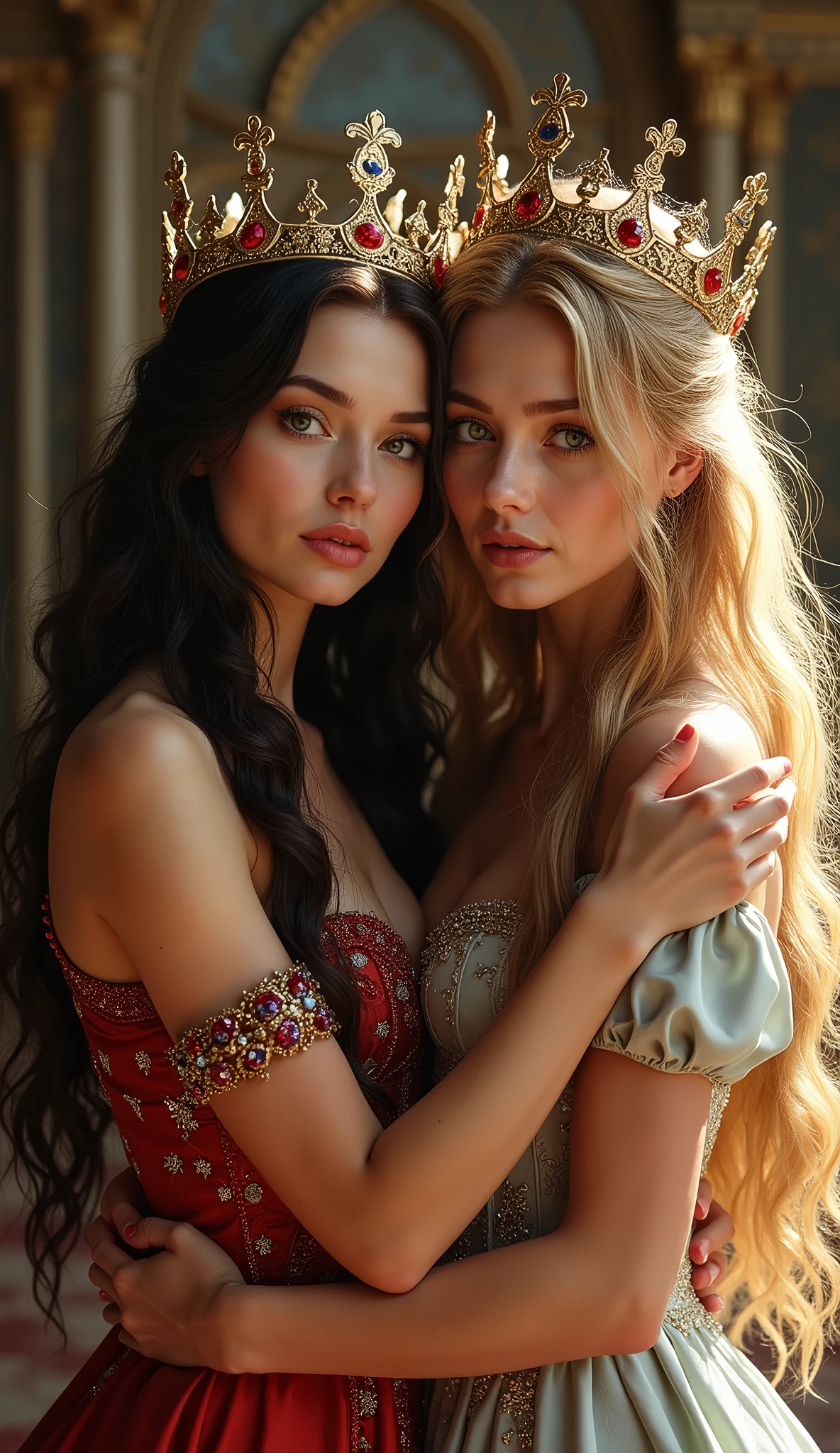 A very beautiful brunette queen and a very beautiful blonde queen embrace and look at the camera, whole body, crown, Looking at the camera, 潤んだ目でLooking at the camera