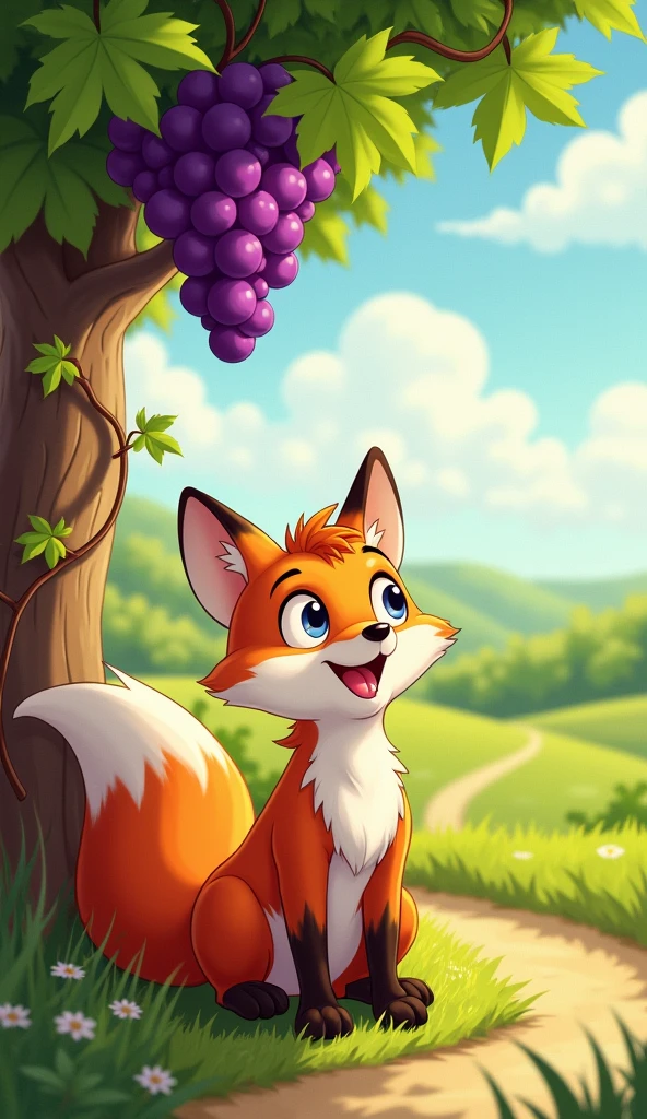 The fox spots a bunch of plump, juicy grapes hanging high on a vine. His eyes widen, and he licks his lips.
Make as a cartoon