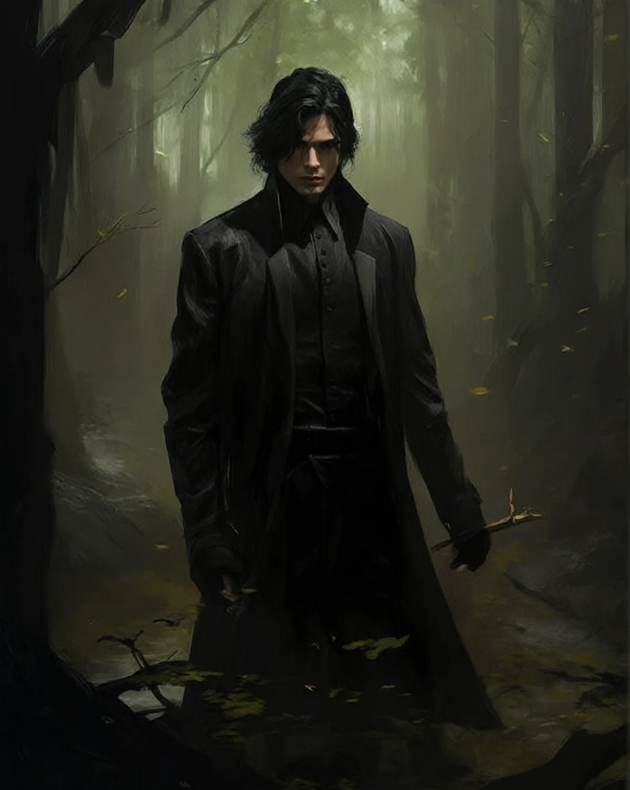 Man with flowing black hair, nostalgic facial expression, black and elegant clothes, dark forest landscape behind.
