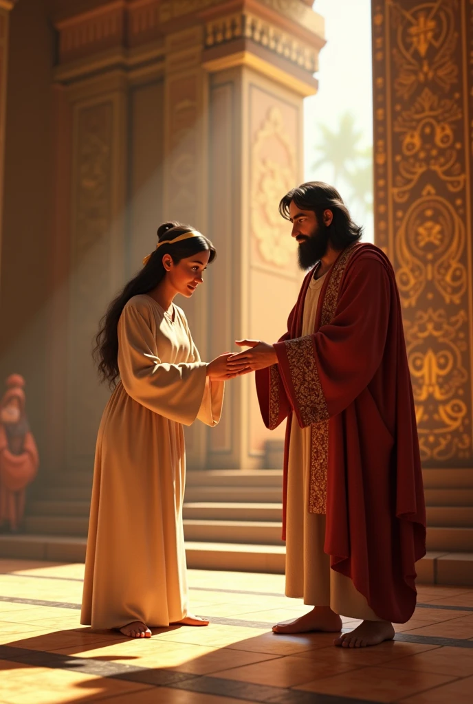 Boy with his mother Israelites presenting him to an Israelite priest without wings and with ephod garments in a temple animated by Pixar