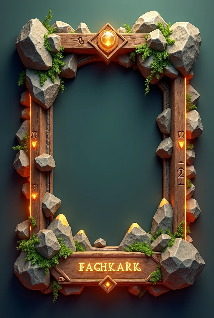 Design a 3D stylized card frame for an Earth-themed character, inspired by a sturdy and rugged aesthetic. The frame should have a strong, bold structure, similar to the fiery frame in the reference image. Replace the flame motifs with earthy elements such as rocks, boulders, and creeping vines. The top section of the frame should feature mountain peaks or stone carvings, while the sides can be adorned with subtle engraved runes representing the Earth element.

The color palette should consist of earthy browns, mossy greens, and muted golds, with glowing rock effects around the edges. The bottom section of the frame should include a nameplate designed to look like it’s carved from stone, with the text in a rugged, earthy font. The overall design should exude the power and stability of the Earth element while providing space for character art and stats.

Ensure the frame is detailed and visually striking, similar to the style of the fiery frame, but with a focus on Earth-themed elements.