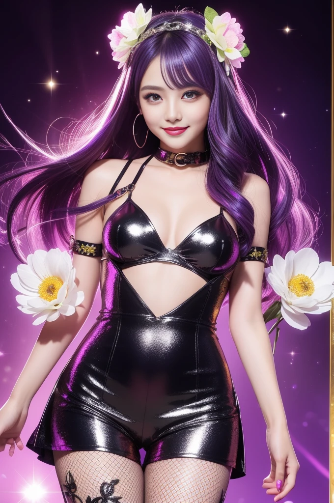 beautiful y model who controls poison、beautiful smile、lip-gloss、long lashes、metallic makeup、look at the camera、full body Esbian、、sparkling poisoned flower costume、、、、shiny sparkling multicolor hair、secrete poison、skull hair accessories、fishnet tights、shiny sparkling flowers background