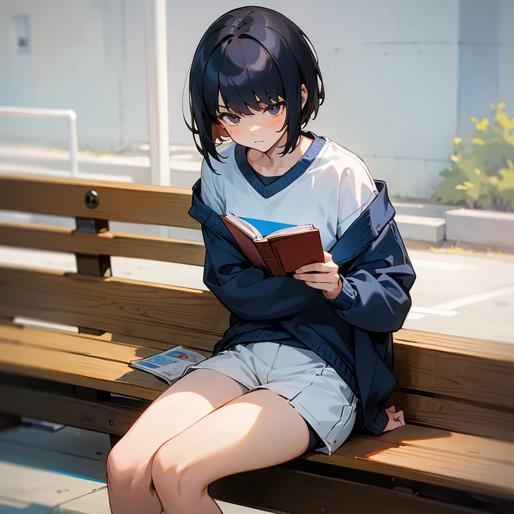 a girl with short hair with bangs covering her eyes,a short sports shirt,with a loose knit sweater, some sports shorts,Athletic shoes,sitting on a bench,with a serious face reading a book