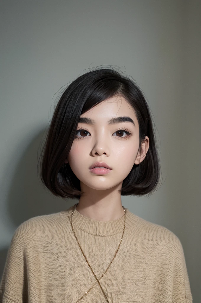 Thick eyebrows、Bob Hair、Childish、slender