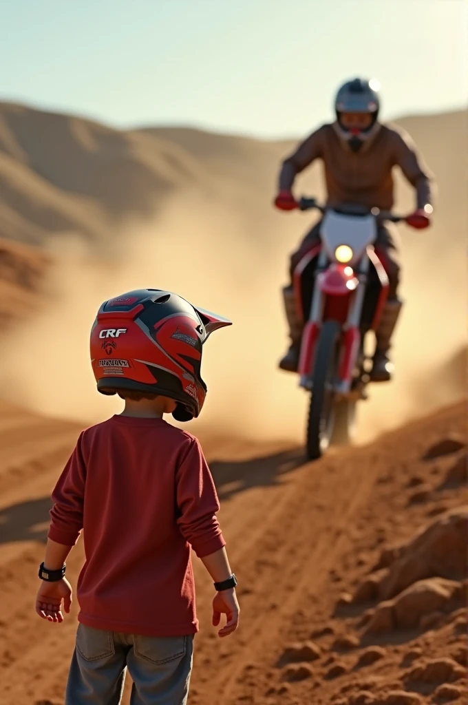 Child watching his dad ride a crf motocross