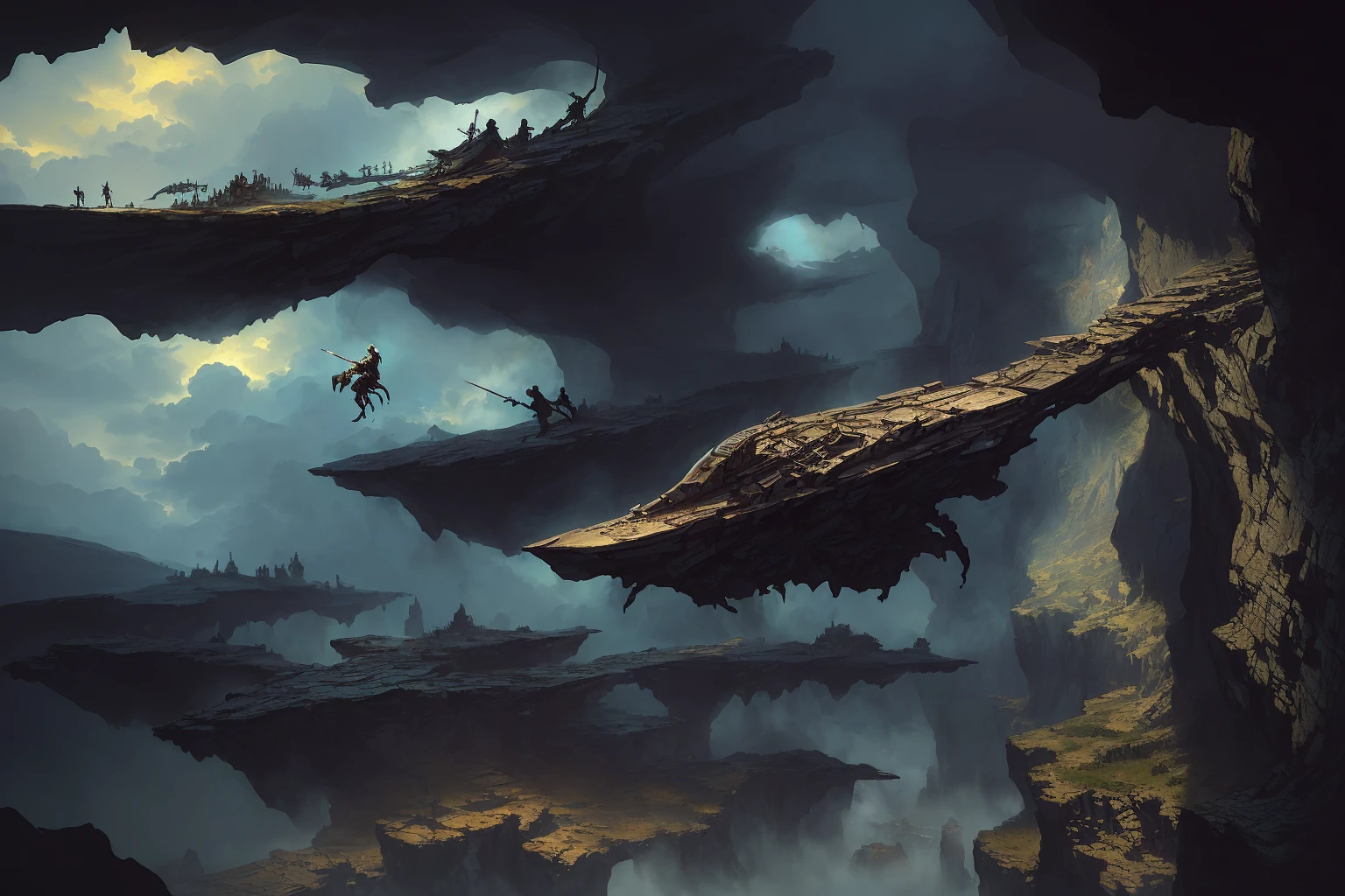 there are two people hanging from a cliff with swords, style of marc simonetti, art style of marc simonetti, by Darek Zabrocki, marc _ simonetti, marc simonetti. intricate, in style of dark fantasy art, medieval fantasy art, dark fantasy horror art, by Marc Simonetti, andreas rocha and john howe