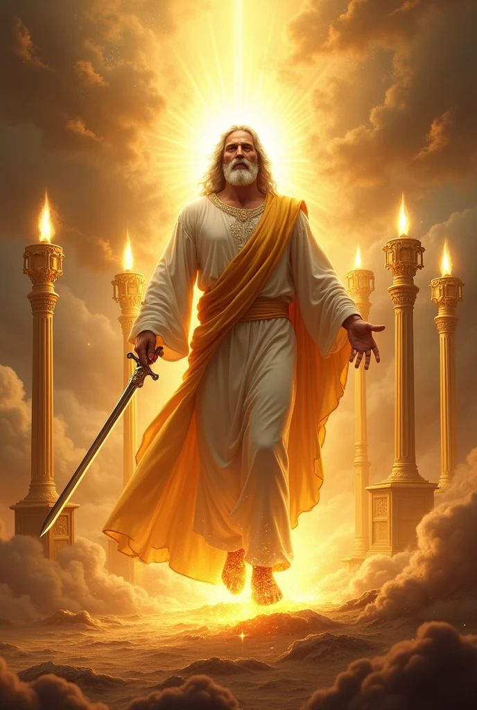 12 And I turned to see the voice that spoke to me; and returned, I saw seven golden lampstands, 13 and in the midst of the seven candlesticks, to one like the Son of Man, dressed in clothing that reached to the feet, and girded around the chest with a golden girdle. 14 His head and hair were white like white wool, like snow; his eyes like a flame of fire; 15 and his feet like burnished bronze, glowing like in an oven; and his voice like the sound of many waters. 16 He had in his right hand seven stars; From his mouth came a sharp two-edged sword.; and his face was like the sun when it shines in its greatest splendor.
This is a text from Revelation 1 12-16, create an image based on that description