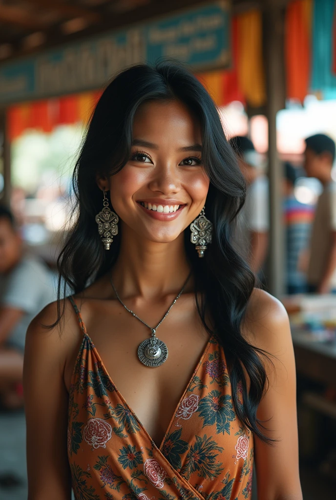 photo film analog only, Realistic, ((Women)), (((black hair))), (((smile512))), big smile, anting-anting perak, (((Wrap dress with floral print))), ((Jagalchi Fish Ma's vibrant energy photo
