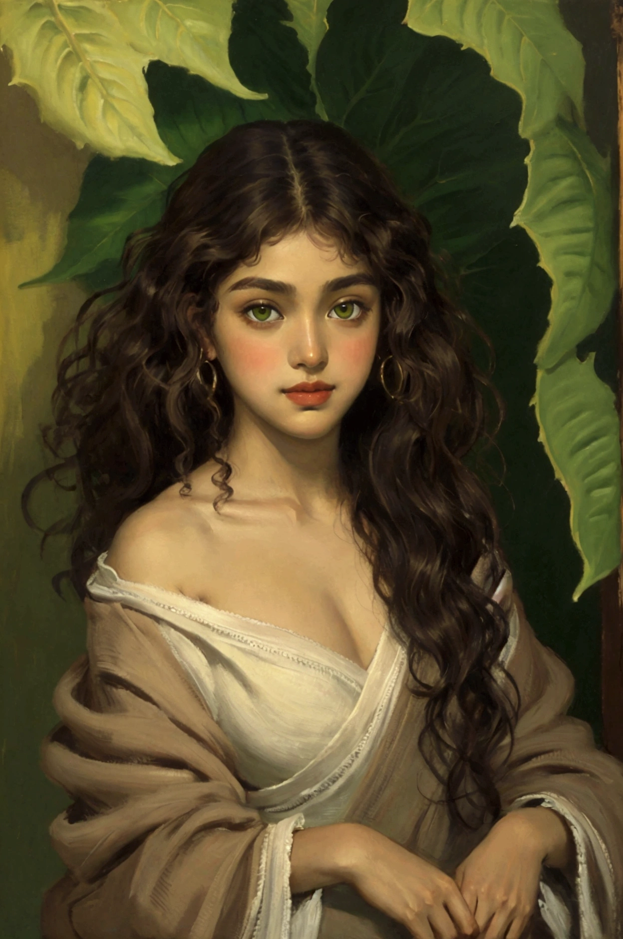 a painting of a light brown-skinned girl, green eyes and curly brown hair naked