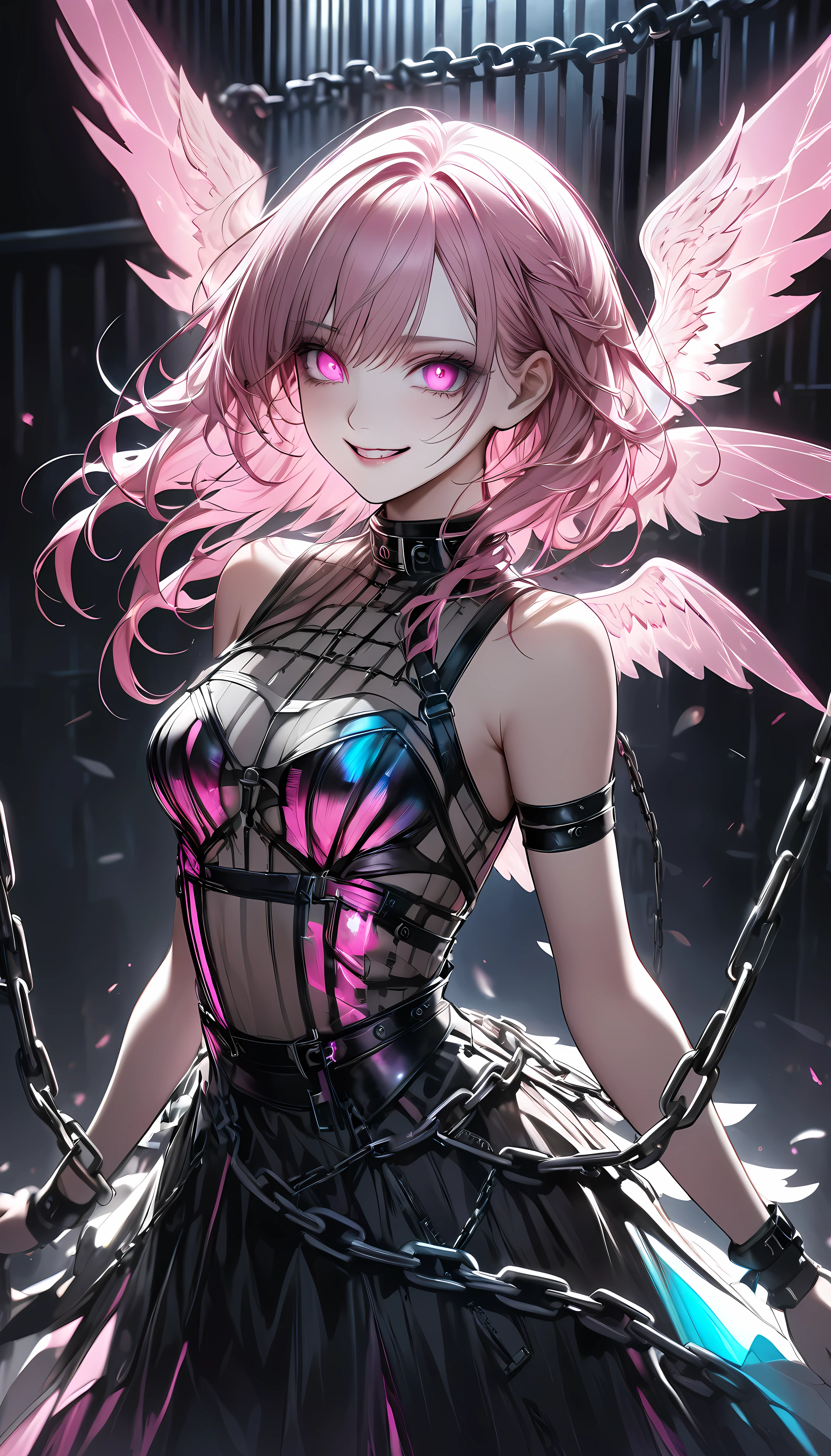 Gothic Angel, Imprisoned in metal chains, Black and pink are the trademark colors, NEXT, Transparent, holographic, glowing wings growing from his back, Captivating mid-chest, Whisper to the audience, A nasty smile, Captivate you, Strong, fleeting, and cruel eyes,