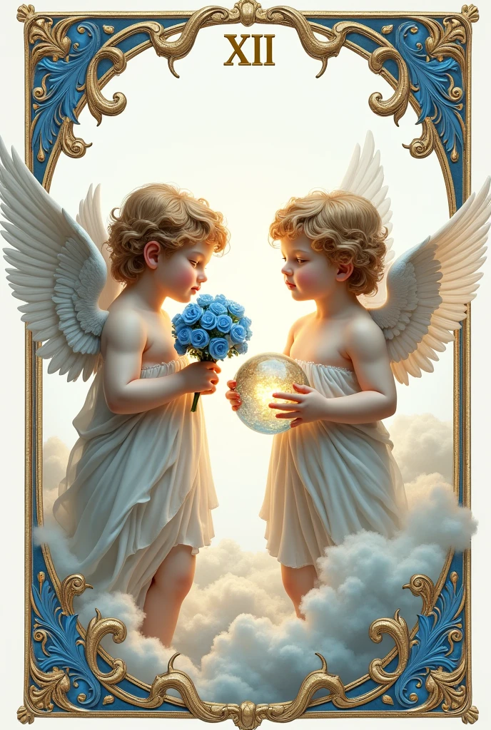 A realistic tarot card titled "LIFE" with the Roman numeral XII at the top, elegantly embossed in gold against a stark white background. At the center, a pair of cherubim with alabaster skin and feathered wings, symbolizing purity and protection, are depicted in intricate detail. Their youthful faces are serene, emanating a gentle aura of peace and wisdom. One cherub holds a bouquet of vibrant blue flowers, representing the vastness of the sky and the boundless potential of life, while the other cherub cradles a crystal sphere, reflecting the myriad possibilities and paths that lay before the card's observer. The cherubim are dressed in flowing garments that blend seamlessly into the surrounding ethereal white space, suggesting the eternal nature of life's cycle. Each cherub's wing is meticulously drawn, the delicate feathers fluttering slightly as if caught in an invisible breeze, imbuing the card with a sense of movement and vitality. The card's border is adorned with intricate blue and gold filigree, echoing the hues of the cherubim's attire and the sky's horizon. The overall effect is one of purity, hope, and the profound mystery of existence, inviting contemplation and introspection into the interwoven fabric of fate and the human condition.