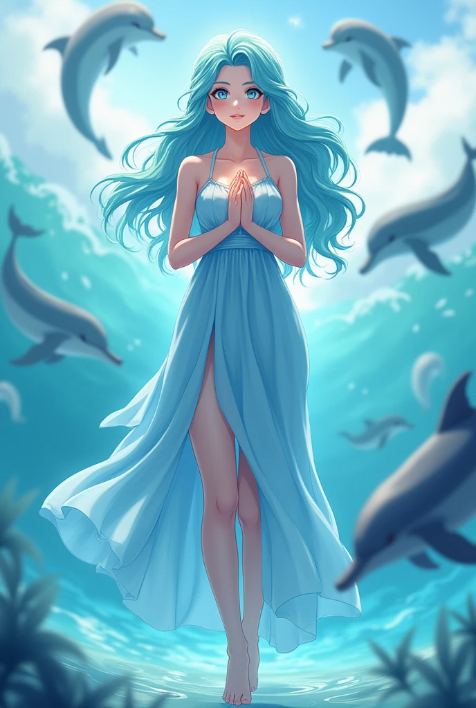4K anime style quality, digital drawing mode, Ancient Greek myths-themed anime female character, long flowing aqua hair with bright blue eyes full of life, wearing a simple, flowing blue dress, no crown or symbols of authority, holding a conch shell symbolizing connection with marine life, Blur the background to create a three-dimensional effect, atmosphere, standing in an oceanic kingdom with playful dolphins and free-spirited waves, radiant skin, gentle and serene expression, full body, dynamic pose, life size, perfect anatomy, detailed skin texture, full HD, 4K, HDR, perfect anatomy, depth of field