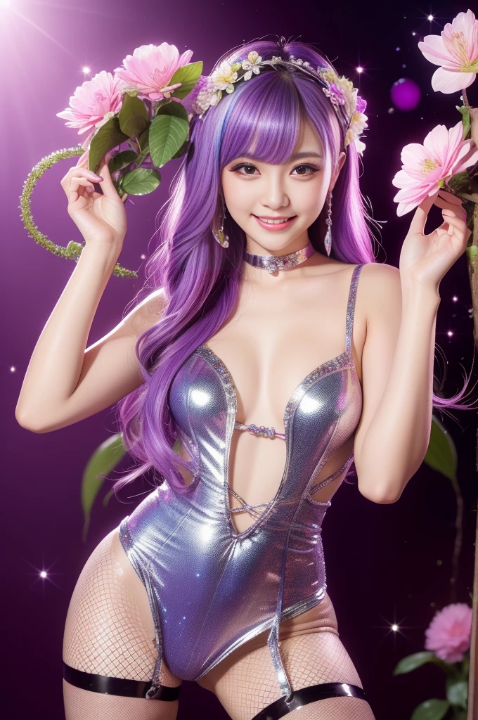 beautiful sexy model who controls poison、beautiful smile、lip-gloss、long lashes、metallic makeup、look at the camera、full body Esbian、、sparkling poisoned flower costume、、、、shiny sparkling multicolor hair、secrete poison、skull hair accessories、fishnet tights、shiny sparkling flowers background