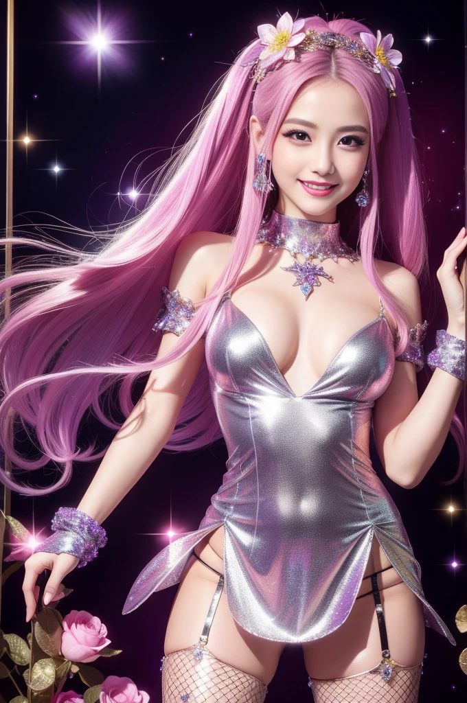 beautiful sexy model who controls poison、beautiful smile、lip-gloss、long lashes、metallic makeup、look at the camera、full body Esbian、、sparkling poisoned flower costume、、、、shiny sparkling multicolor hair、secrete poison、skull hair accessories、fishnet tights、shiny sparkling flowers background