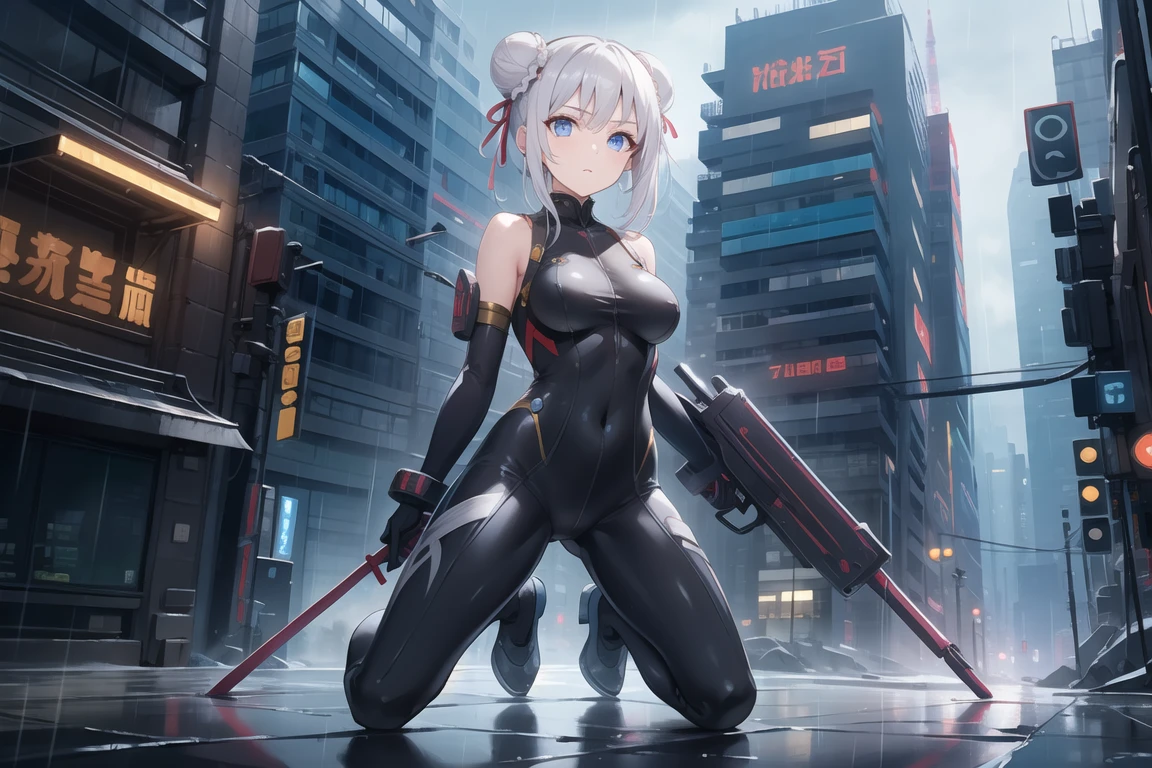 ((masterpiece)), ((best quality)), perfect detailed eyes, perfect detailed face, white hair, double bun, ribbon, (black bodysuit), ((armed shoulders)), armed arms:1.2, sci-fi movie warrior, shiny costume, Cute girl, detailed face, fine details, diffused reflection of light behind, kneeling in the rain