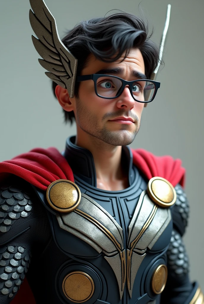 An adult, Nerd, dark hair with glasses and wearing Thor's clothes