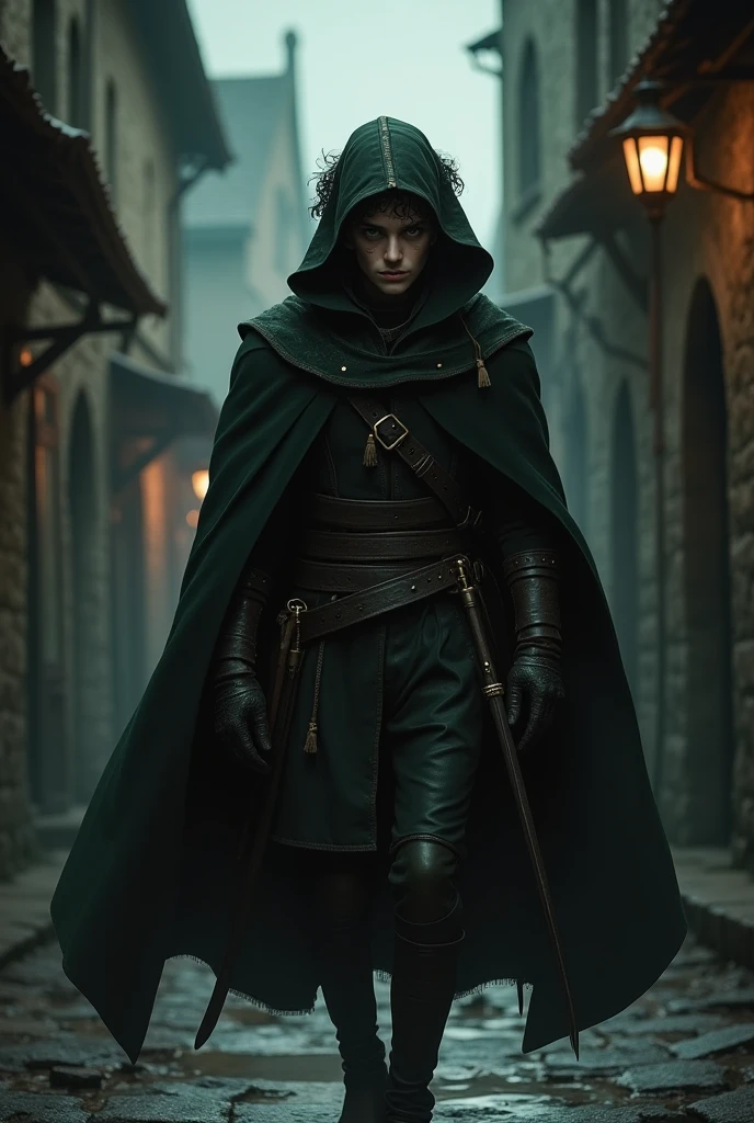 A thief of , naughty man, with pale skin, 1,70 tall. He has striking green eyes and curly black hair.. Your build is thin, and he wears leather clothes with a hood, typical of the medieval era. His expression is cautious, befitting his suspicious nature as he navigates the shadows.