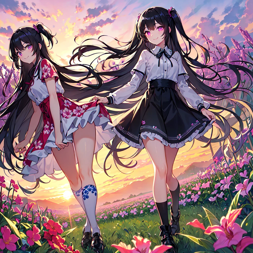 masterpiece, best quality, high quality, extremely detailed, very delicate and beautiful, (1female 18years old Adult alone solo:1.5) , (two-side up long black hair:1.5), bangs to eyebrows, eyes (eyes sharp, strong, glossy, glossy eyebrows), (eye color magenta:1.3), 6.5 head height, (summer dress with canna print:1.3), knee socks,ruffles, (smiling), (walking:1.3), (dynamic pose), (background canna flower field:1.3) , (sunset:1.3)