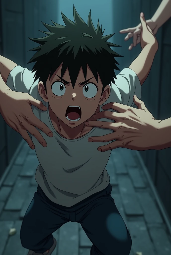 a boy running at full speed, with a panicked expression on his face. his eyes are wide open, full of fear, and his mouth is slightly open as if he is screaming or gasping. His posture reflects desperation, with arms extended forward, looking to escape. However, Two strange hands stop him from behind. These hands, firm and determined, They cling to his mouth and arm, immobilizing him.. The scene captures the exact moment when it is completely stopped., highlighting the tension between the boy's urgency to escape and the force holding him back. anime style