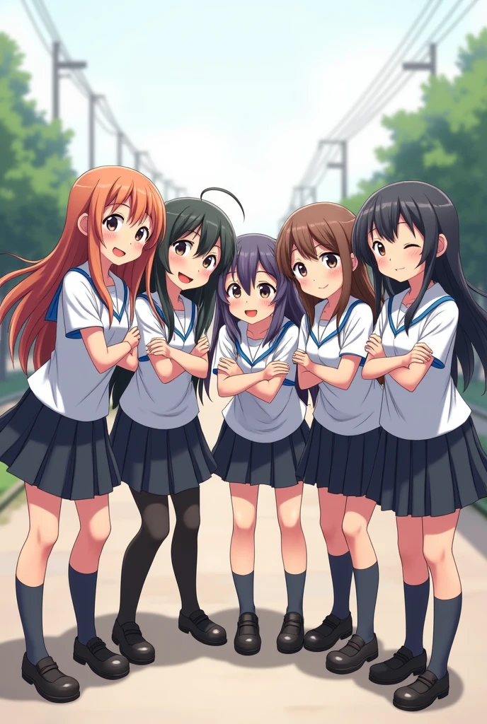 Group of schoolgirls in white shirts and black skirts with long hair, crossing his arms and smiling, crouches
