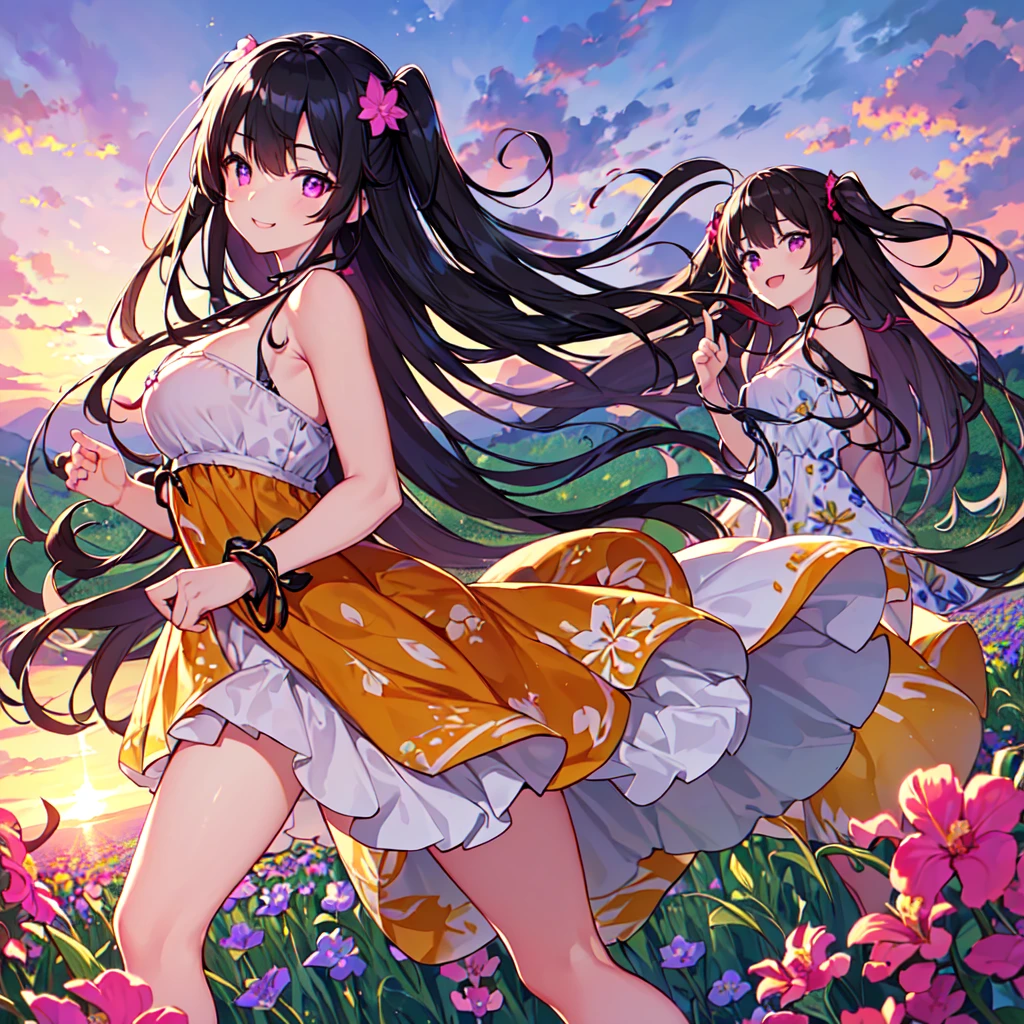 masterpiece, best quality, high quality, extremely detailed, very delicate and beautiful, (1female 18years old Adult alone solo:1.5) , (two-side up long black hair:1.5), bangs to eyebrows, eyes (eyes sharp, strong, glossy, glossy eyebrows), (eye color magenta:1.3), 6.5 head height, (summer dress with canna print:1.3), knee socks,ruffles, (smiling), (walking:1.3), (dynamic pose), (background canna flower field:1.3) , (sunset:1.3)