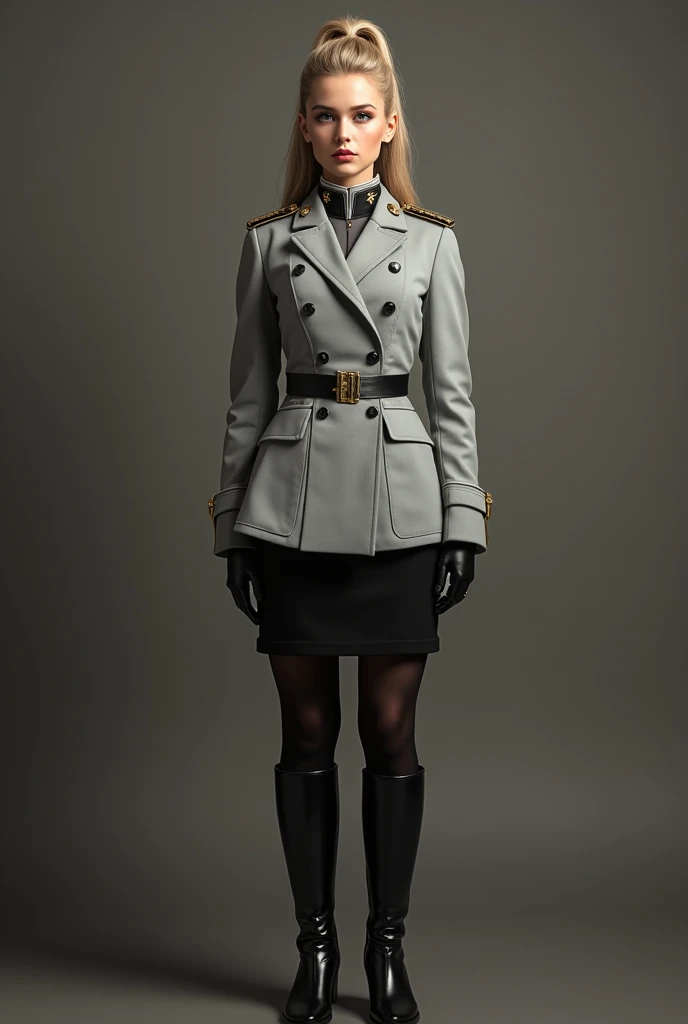 (Best quality, 4K, high resolution, masterpiece, ultra-detailed, realistic anatomy, photo-realistic:1.37), araffe attractive young woman, senior military officer, (wearing Prussian Hussar uniform), (light gray double breasted blazer jacket), (black pencil skirt), Prussian Deaths Head cap, black stocking, heel boots, blonde hair, high ponytail hair style, standing confidently, This full-body portrait captures her strength and authority, with sharp focus on her uniform's details and her commanding gaze, The image evokes an aura of discipline and respect, set against a military backdrop,
