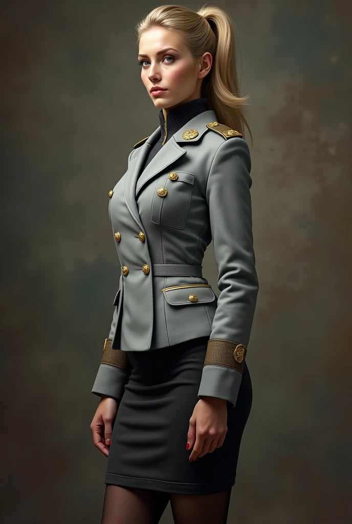 (Best quality, 4K, high resolution, masterpiece, ultra-detailed, realistic anatomy, photo-realistic:1.37), araffe attractive young woman, senior military officer, (wearing Prussian Hussar uniform), (light gray double breasted blazer jacket), (black pencil skirt), Prussian Deaths Head cap, black stocking, heel boots, blonde hair, high ponytail hair style, standing confidently, This full-body portrait captures her strength and authority, with sharp focus on her uniform's details and her commanding gaze, The image evokes an aura of discipline and respect, set against a military backdrop,
