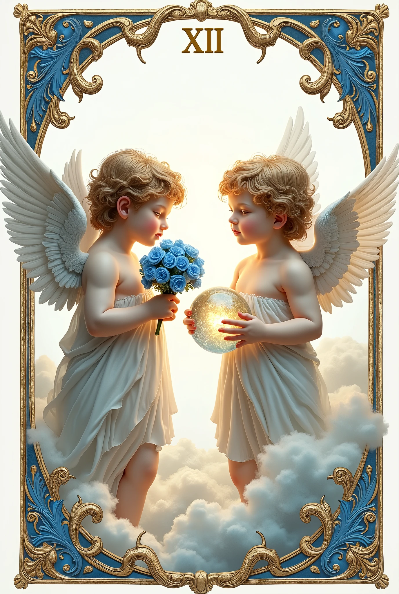 A realistic tarot card titled "LIFE" with the Roman numeral XII at the top, elegantly embossed in gold against a stark white background. At the center, a pair of cherubim with alabaster skin and feathered wings, symbolizing purity and protection, are depicted in intricate detail. Their youthful faces are serene, emanating a gentle aura of peace and wisdom. One cherub holds a bouquet of vibrant blue flowers, representing the vastness of the sky and the boundless potential of life, while the other cherub cradles a crystal sphere, reflecting the myriad possibilities and paths that lay before the card's observer. The cherubim are dressed in flowing garments that blend seamlessly into the surrounding ethereal white space, suggesting the eternal nature of life's cycle. Each cherub's wing is meticulously drawn, the delicate feathers fluttering slightly as if caught in an invisible breeze, imbuing the card with a sense of movement and vitality. The card's border is adorned with intricate blue and gold filigree, echoing the hues of the cherubim's attire and the sky's horizon. The overall effect is one of purity, hope, and the profound mystery of existence, inviting contemplation and introspection into the interwoven fabric of fate and the human condition.