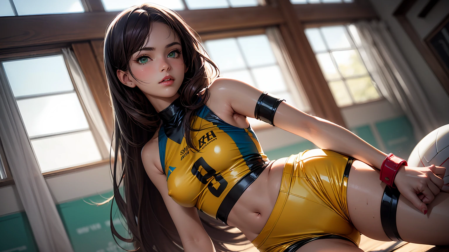 Create quality, detailed image of a beautiful anime girl with long, red-haired girl, green eyes, wears a yellow latex top, wearing blue latex shorts, sexy girl, sexy Pose, perfect body, Slender waist, wide hips, she is on a volleyball court,. The overall atmosphere is calm and intimate., with bright colors and natural light, creating a photorealistic effect.
