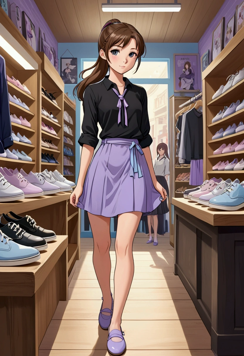 Create a beautiful anime-style image of a beautiful young British girl with straight, loose brown hair that is tied in a half ponytail, wearing a black three-quarter sleeve shirt and a light skirt with details in light blue and lilac transversal lines, on her feet she wears light lavender flat shoes, she is in a shoe store; she is surrounded by people who love her and are happy, she is having fun with all of them.