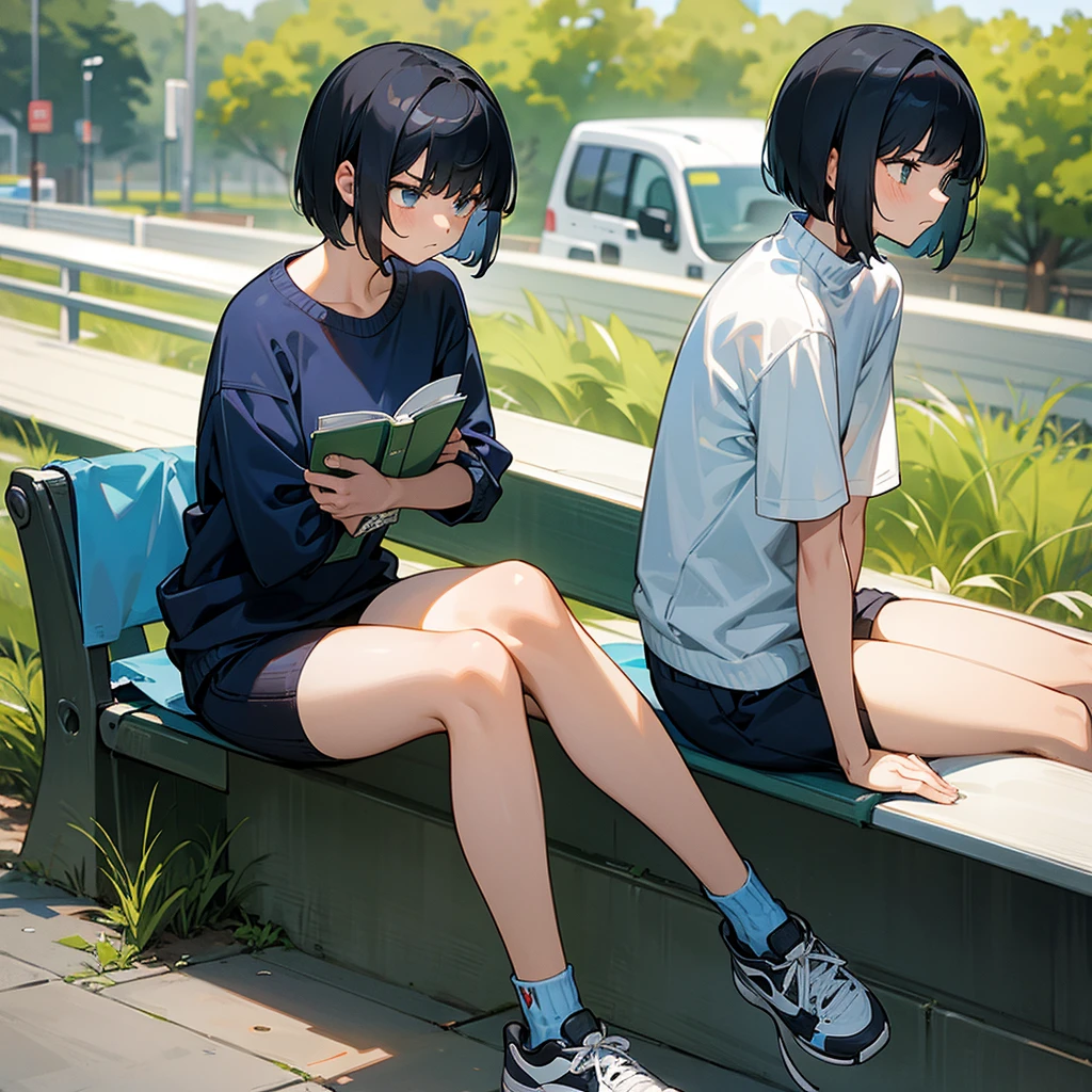 a girl with short hair with bangs covering her eyes,a short sports shirt,with a loose knit sweater, some sports shorts,Athletic shoes,sitting on a bench,with a serious face reading a book
