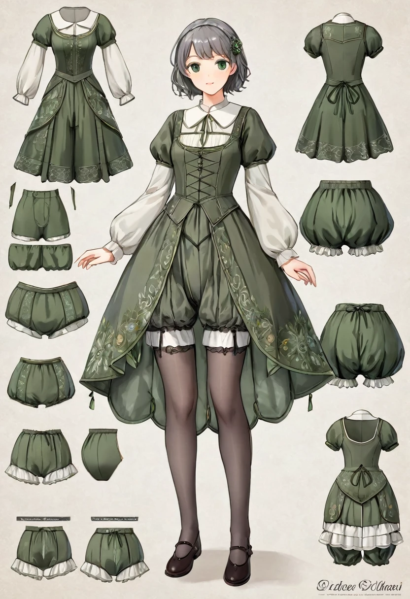 Realistic panties and bloomers made from patterned cotton fabric, Medieval grey one-piece dress with green embroidery and panniers, Fabric Realism, Low Angle, I see bloomers, Pull up the dress by hand, Strong winds, Translucent slip, Translucent slip, tights, Highest quality, Crotch close-up, whole body, Skirt lining