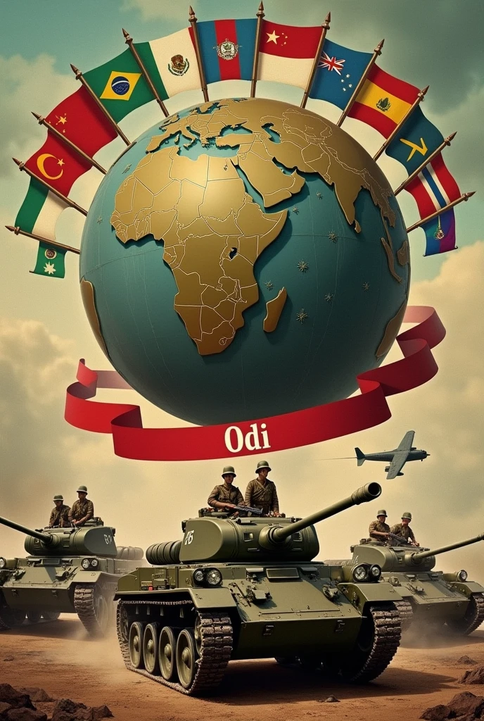 Orb with 10 flags of Latin countries around it,inside the globe soldiers of the First World War with weapons, armored tanks and bombers in front the name ODI inside a red ribbon